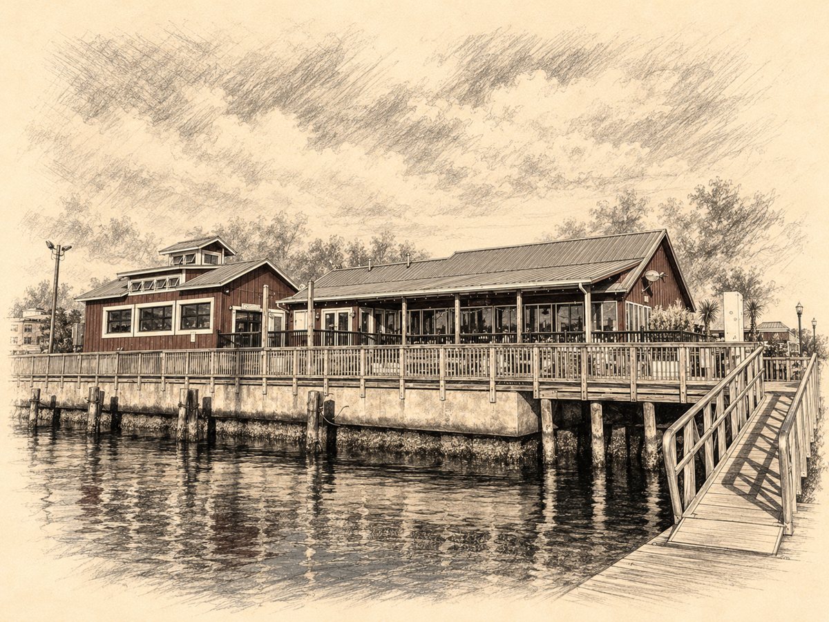 Charcoal sketch of The Shanty on the Cape Charles marina