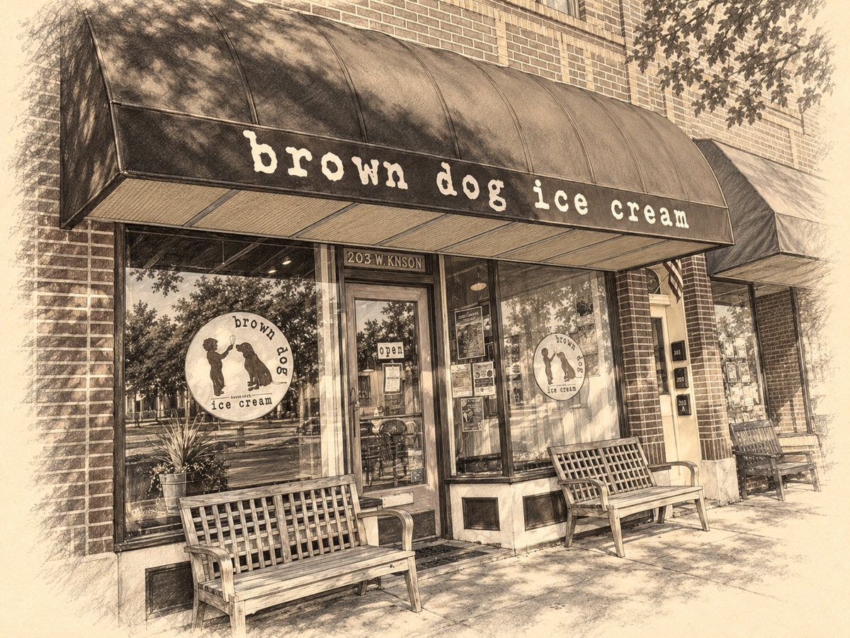 Charcoal sketch of the Brown Dog Ice Cream storefront on Mason Avenue