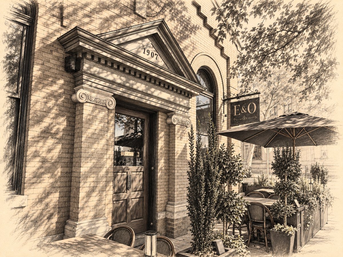 Charcoal sketch of the E&O Pub entrance, built 1907