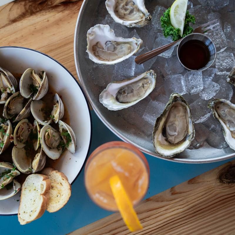 Local oysters on ice and steamed clams at The Shanty