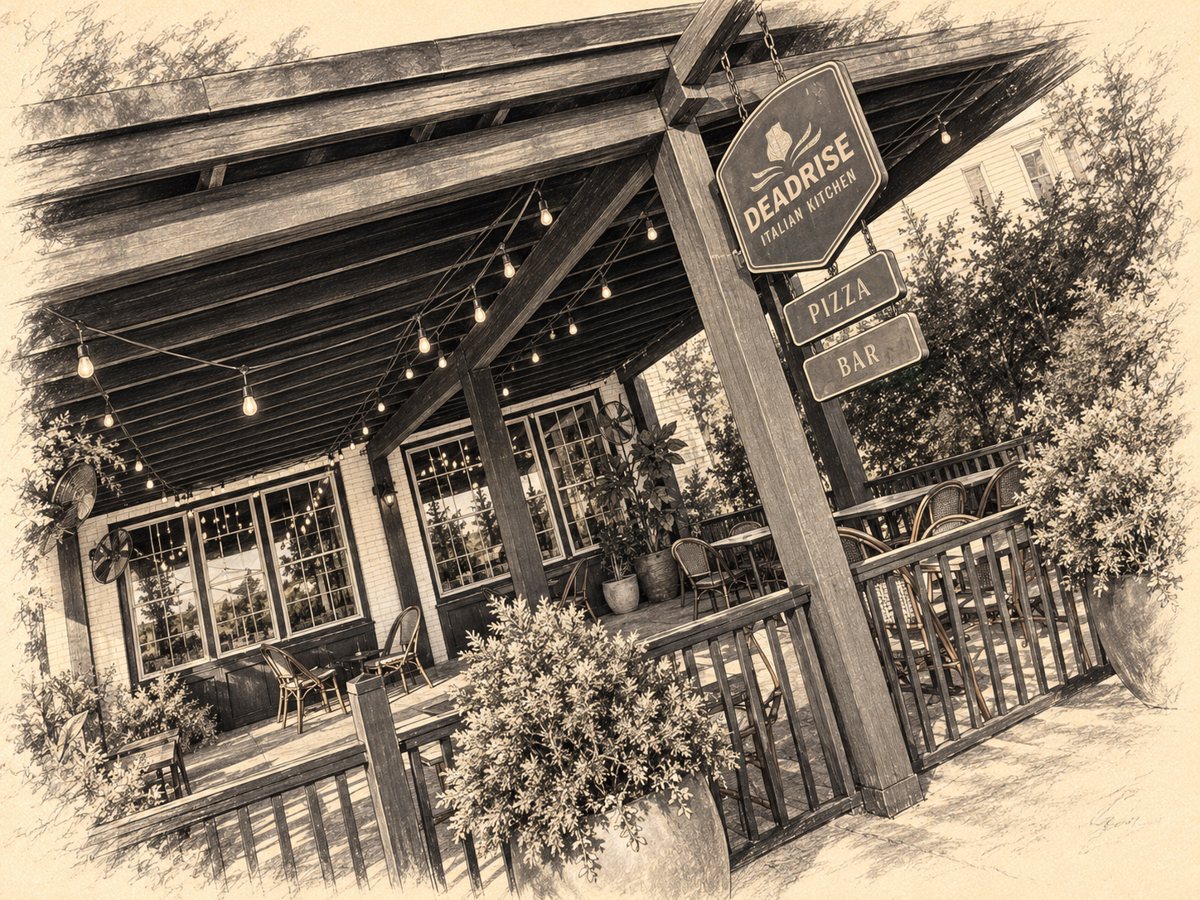 Charcoal sketch of the Deadrise Italian Kitchen patio