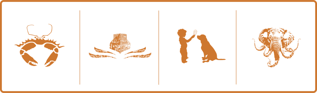 Cape Charles Restaurant Group logo: a blue crab, a deadrise boat, a child sharing ice cream with a dog, and an elephant with octopus tentacles